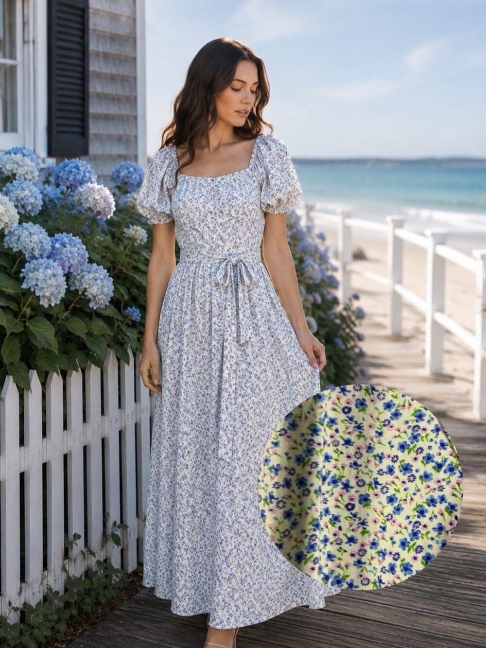 LoveShackFancy Blue Ditsy Floral Cotton Maxi Dress Coastal Garden Party XS 0/2